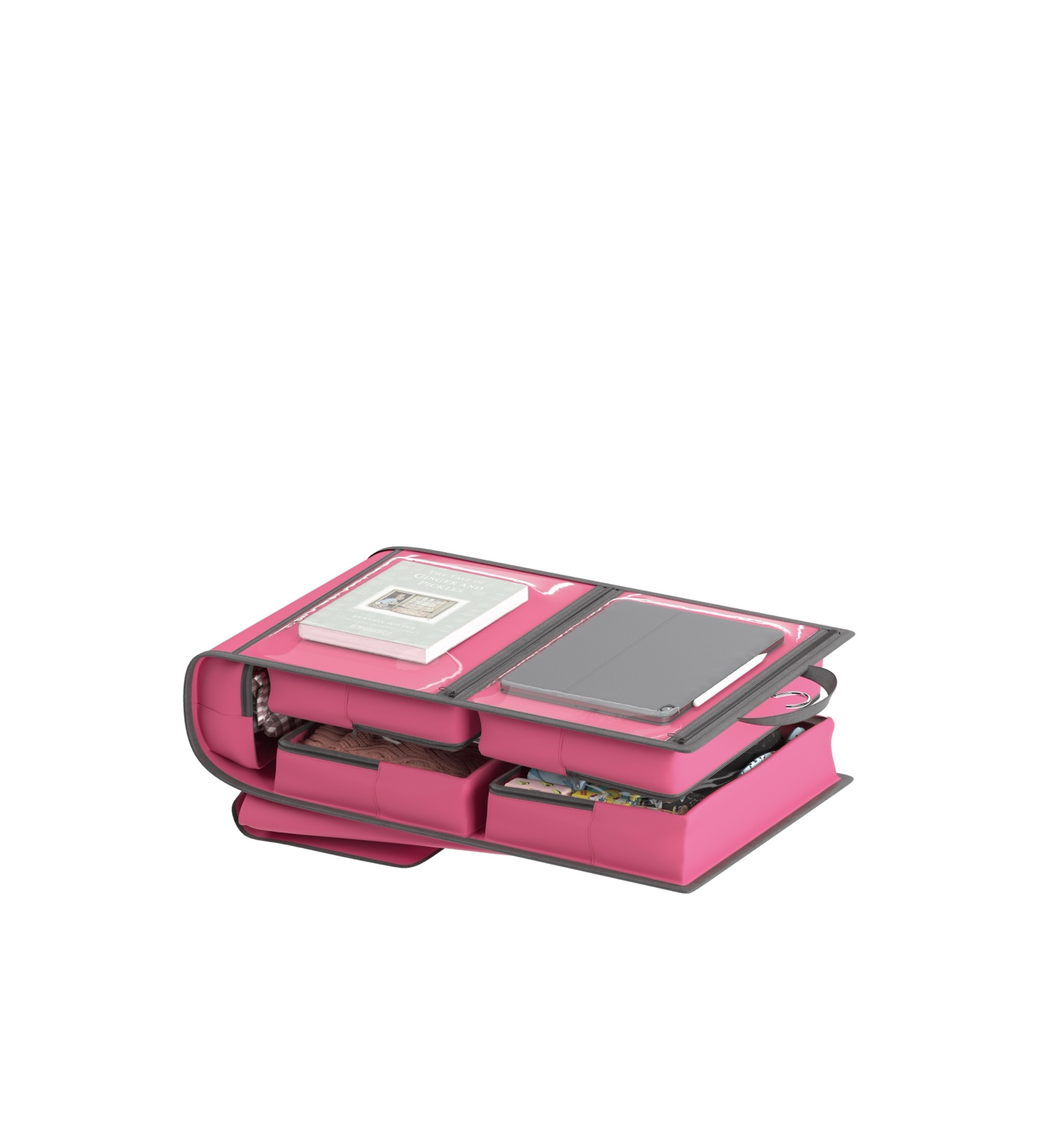 Pink SuitcaseMate folded into its compact travel shape with a book and tablet in the smart-access pocket
